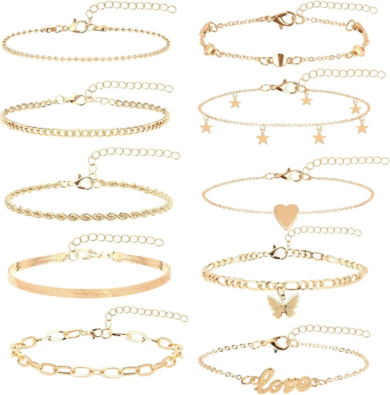 10 PCS Gold Ankle Bracelets for Women Waterproof 14K Gold Plated Cuban Figaro Link Chain Anklets Set Summer Beach Jewelry for Women Adjustable Size