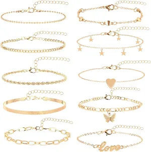 10 PCS Gold Ankle Bracelets for Women Waterproof 14K Gold Plated Cuban Figaro Link Chain Anklets Set Summer Beach Jewelry for Women Adjustable Size