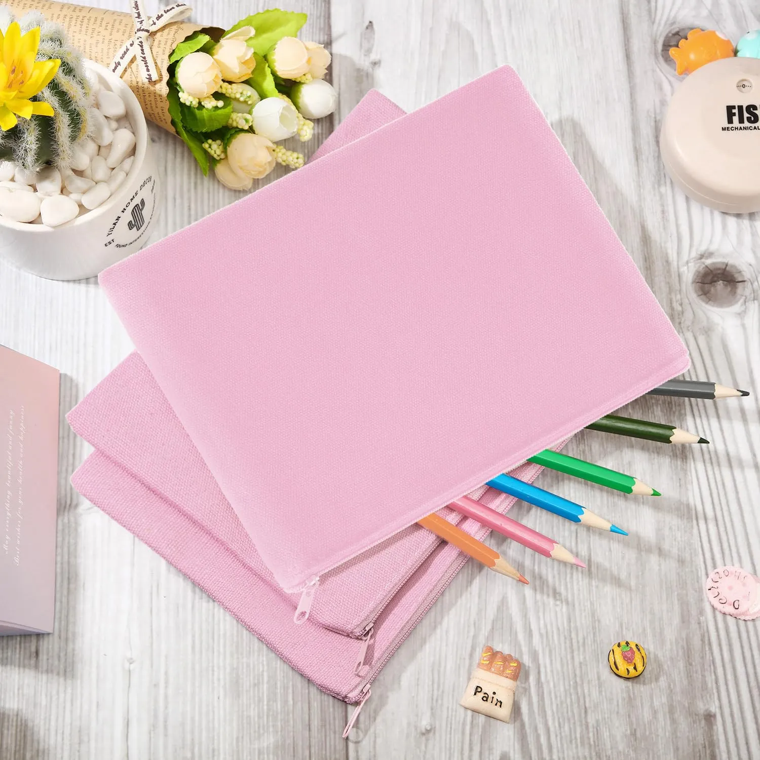10 Pieces Cosmetic Canvas Pouch Bag Multipurpose Makeup Bag with Zipper Cotton Canvas Travel Toiletry Pouch DIY Craft(M,Pink)
