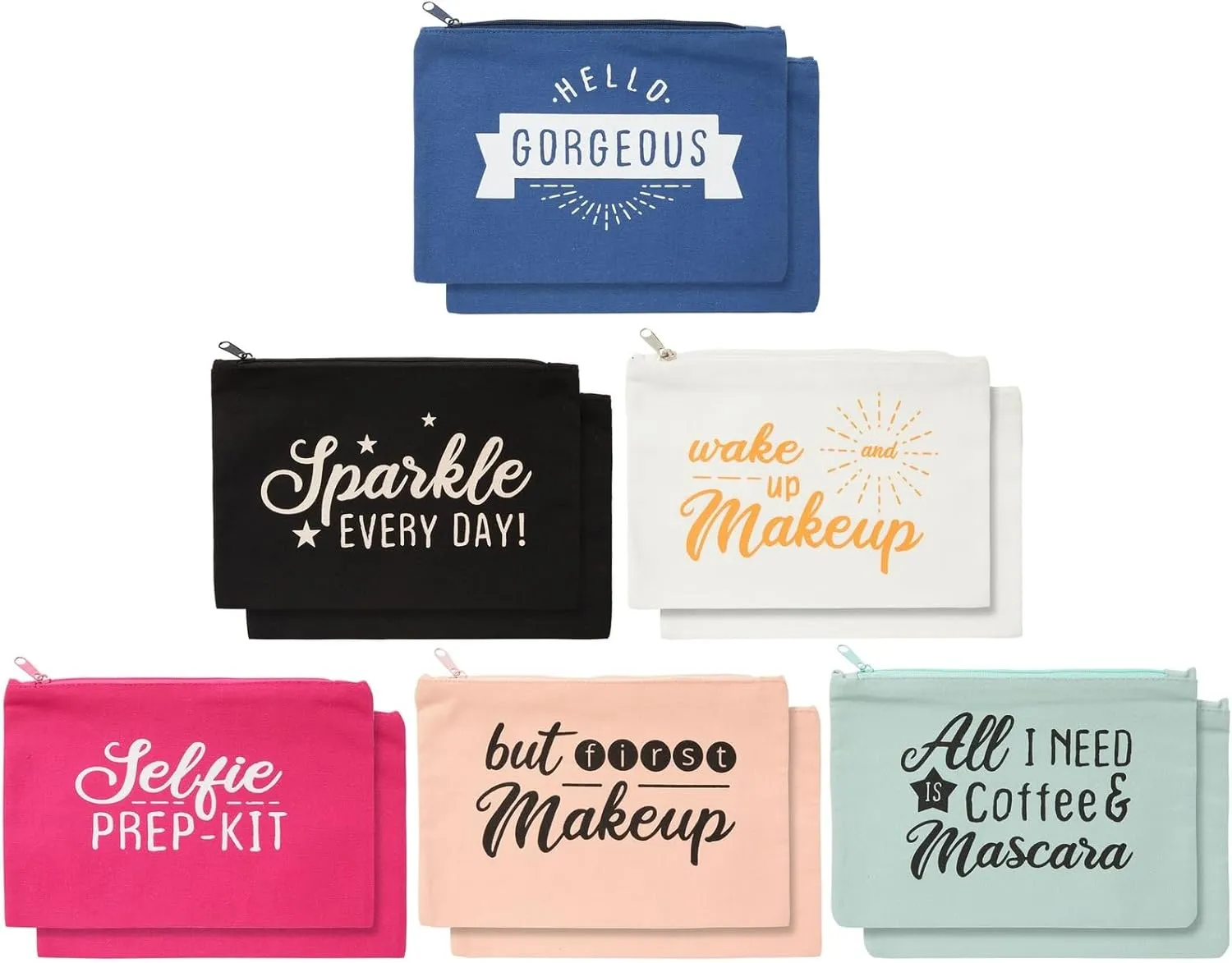 12-Pack Motivational Quote Canvas Bulk Makeup Bags with Zippers - 6x8 makeup bag for Women and Teens, Traveling, Work, Everyday Use (6 Designs)