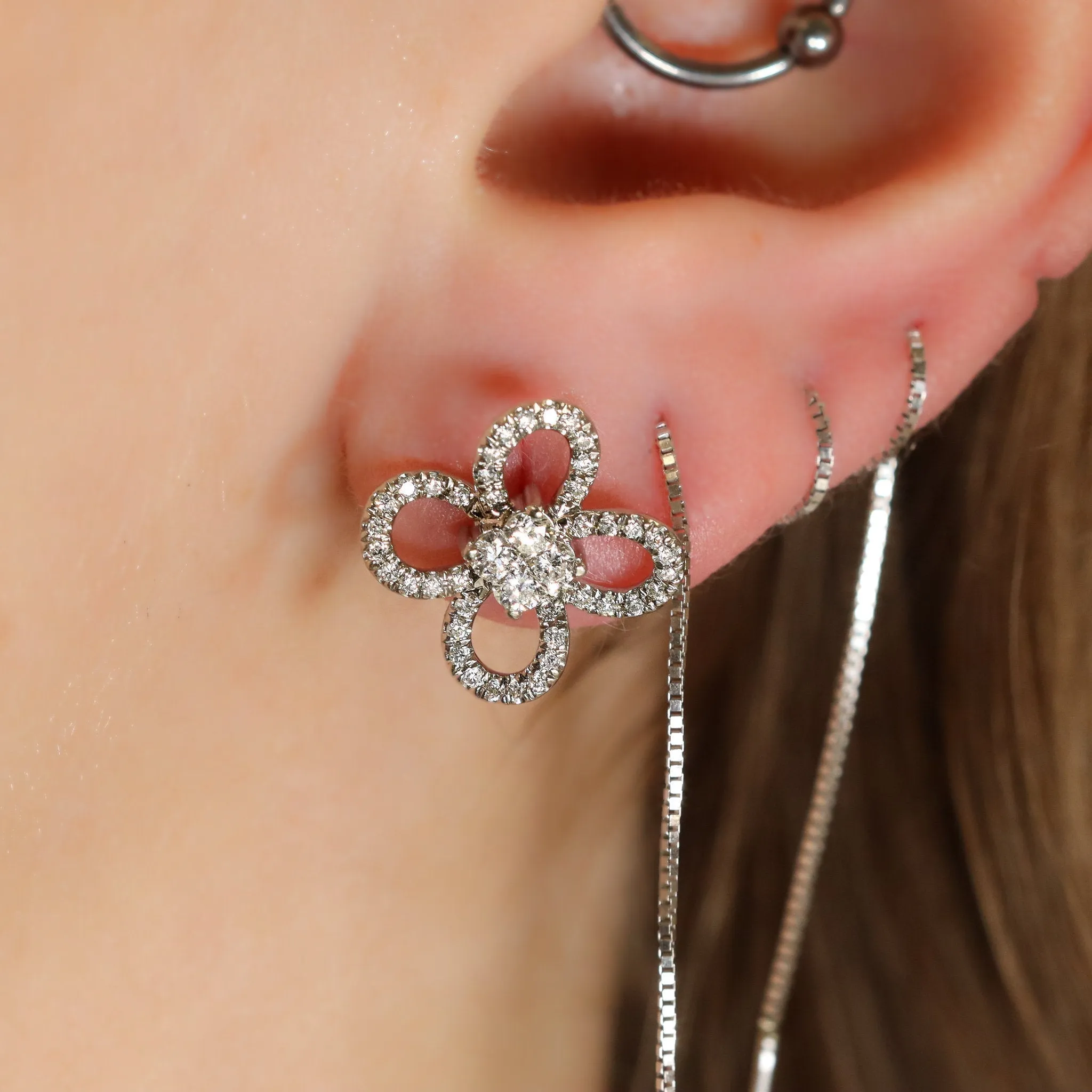 18K White Gold Invisible Diamond Cluster Earrings, Ladies Flower Shaped Diamond Halo Stud Earrings
