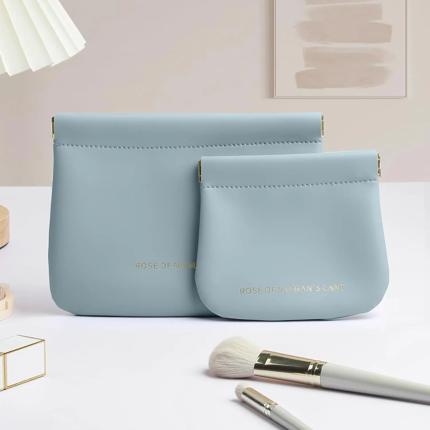 2 PCS Small Cosmetic Bag for Purse, Organosilicon Super Fiber Leather Mini Makeup Bag Coin Purse for Women, Snap Closure Travel Makeup Pouch for Lipstick Jewelry Key Change (Blue)