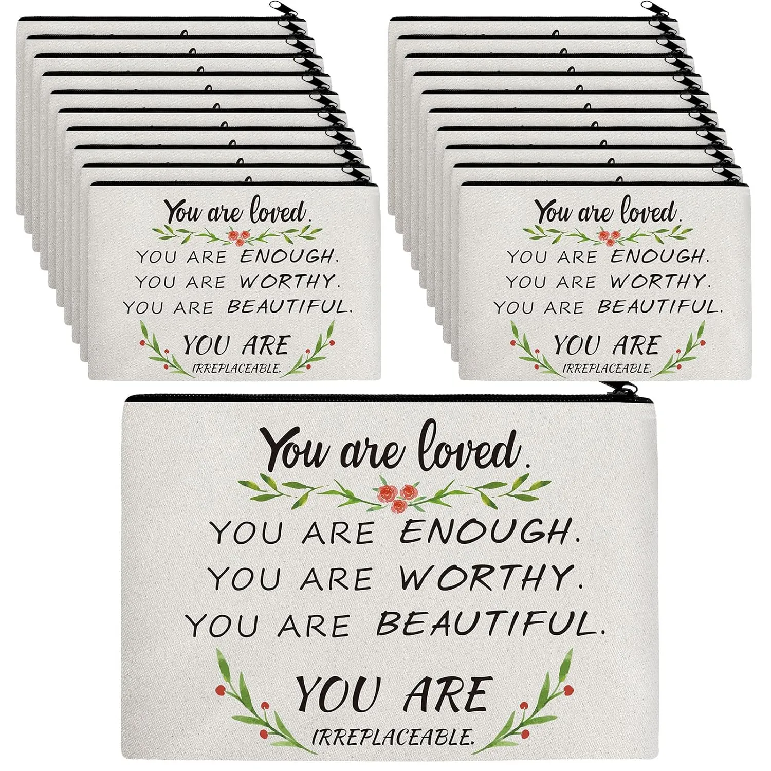 20 Pcs Makeup Bag Bulk Bridal Makeup Bag Inspirational Quotes Cosmetic Gifts Positive Toiletry Wedding Zipper Pouch Gifts for Friends Proposal Women Sister(You Are Loved)