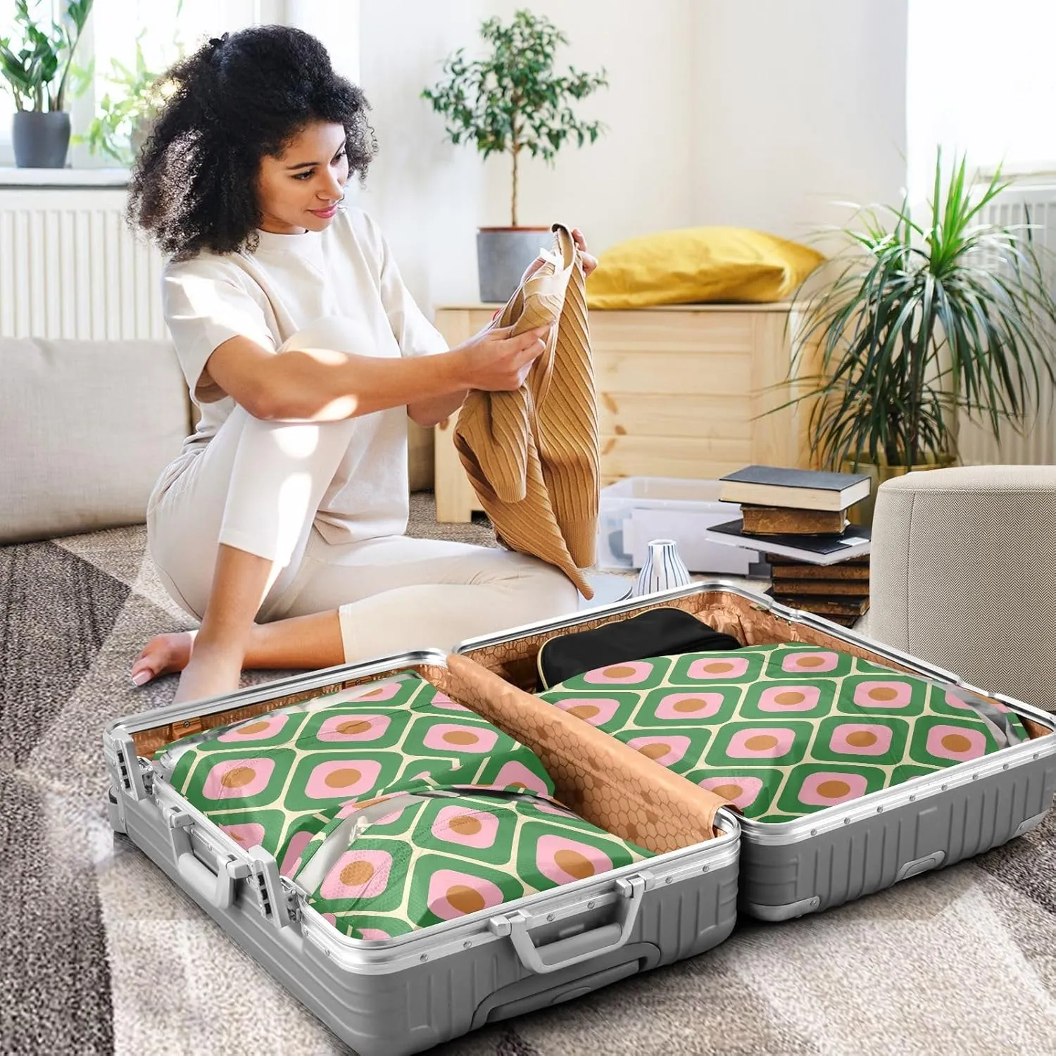 3 Set Travel Packing Cubes For Suitcases, Green Pink Plaids, Stackable, Garment Bag Closet Storage, Luggage Space Saver, Organizadores De Maletas Para