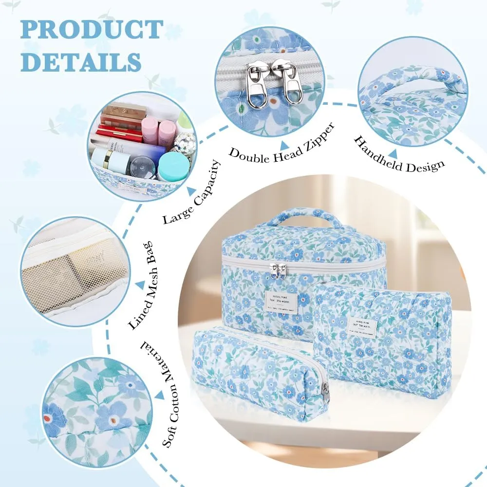 3Pcs Cotton Quilted Makeup Bag Set,Large Floral Cosmetic BagAesthetic Toiletry Travel Makeup Bag Set and Cute Flower Bag for Women Girls (Blue Flower)