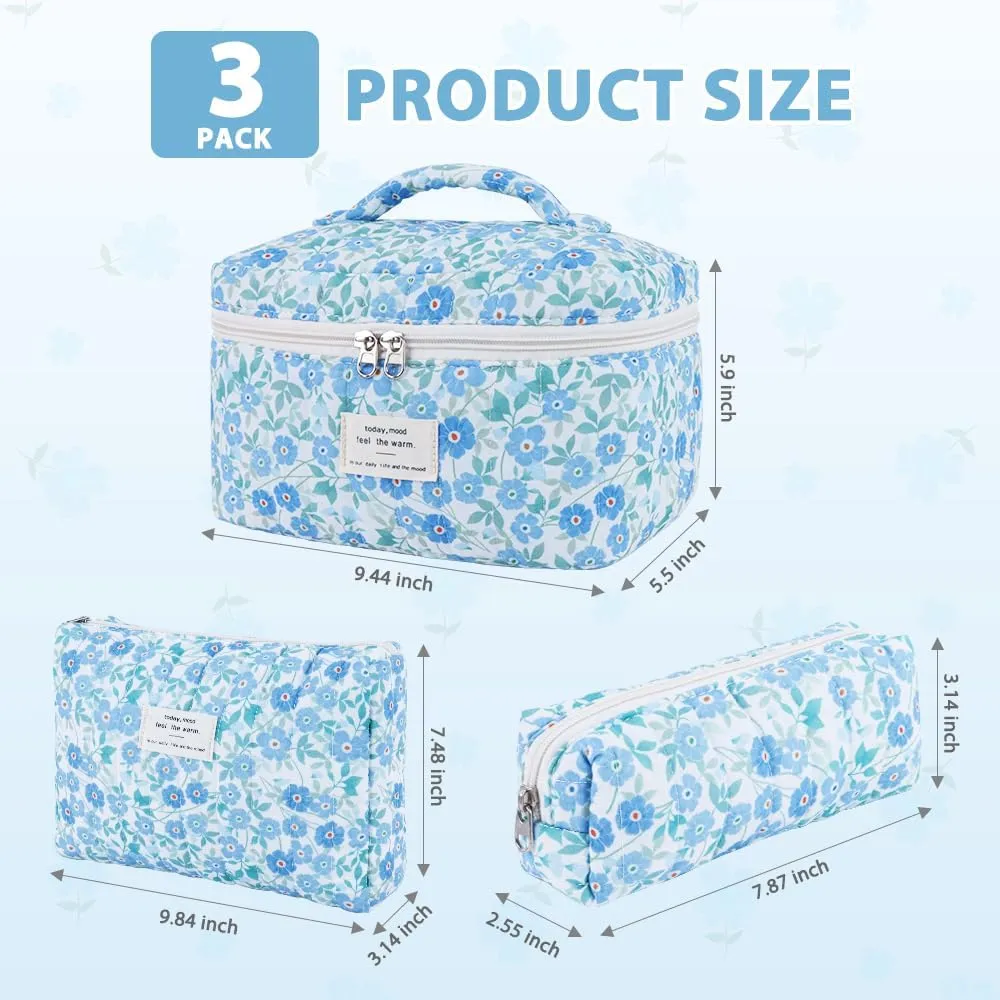 3Pcs Cotton Quilted Makeup Bag Set,Large Floral Cosmetic BagAesthetic Toiletry Travel Makeup Bag Set and Cute Flower Bag for Women Girls (Blue Flower)