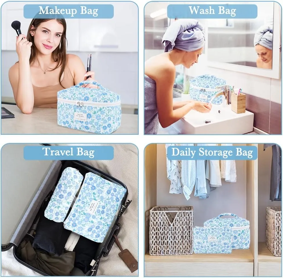 3Pcs Cotton Quilted Makeup Bag Set,Large Floral Cosmetic BagAesthetic Toiletry Travel Makeup Bag Set and Cute Flower Bag for Women Girls (Blue Flower)