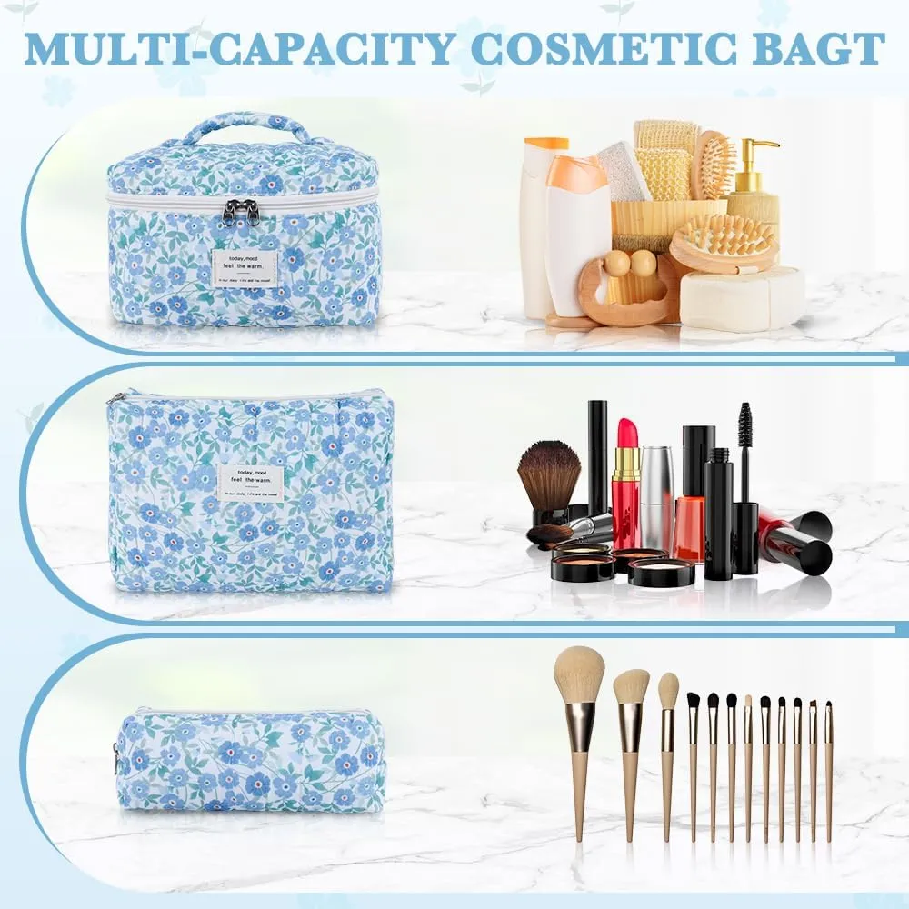 3Pcs Cotton Quilted Makeup Bag Set,Large Floral Cosmetic BagAesthetic Toiletry Travel Makeup Bag Set and Cute Flower Bag for Women Girls (Blue Flower)