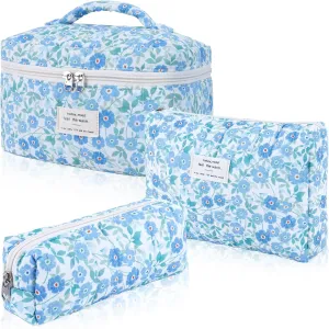 3Pcs Cotton Quilted Makeup Bag Set,Large Floral Cosmetic BagAesthetic Toiletry Travel Makeup Bag Set and Cute Flower Bag for Women Girls (Blue Flower)
