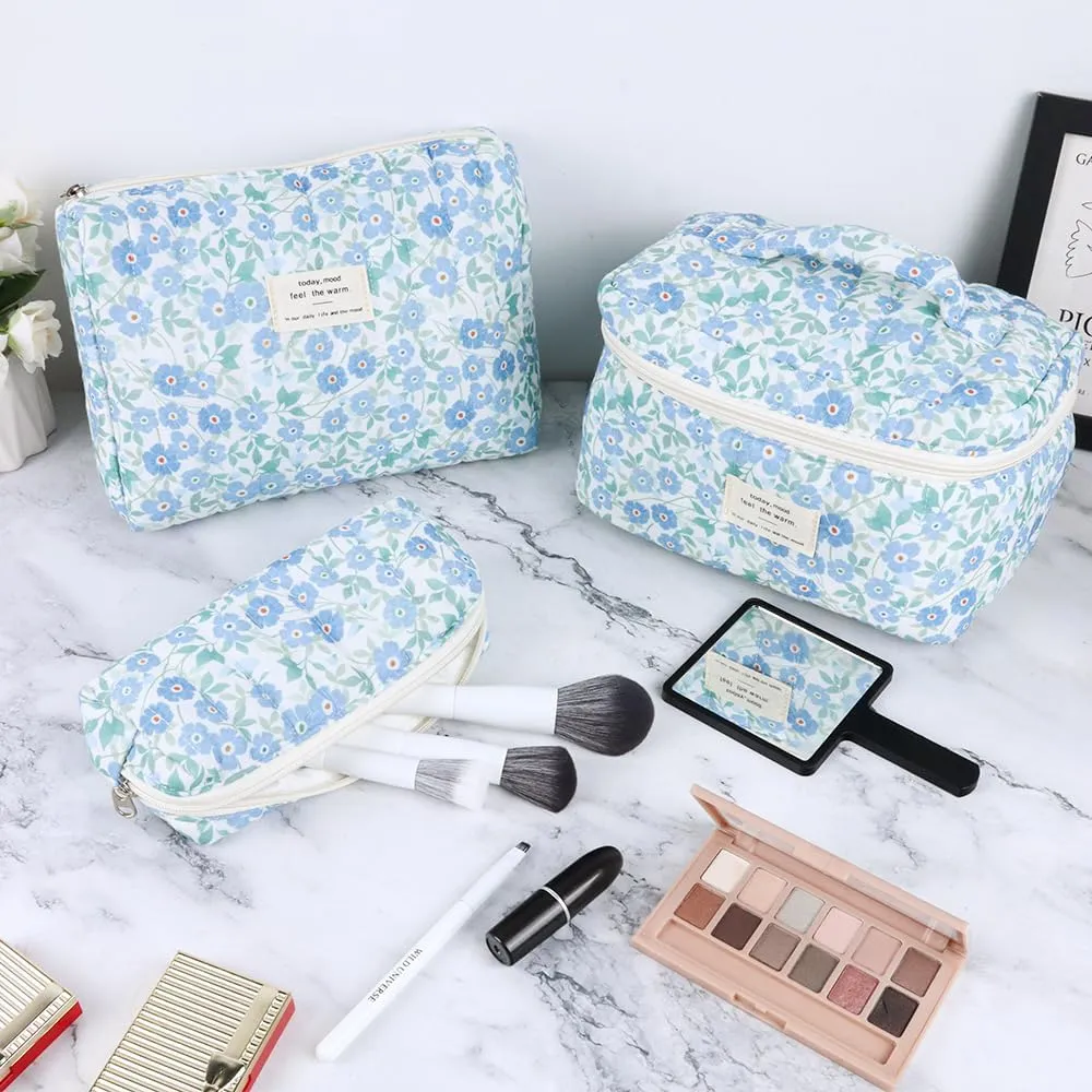 3Pcs Cotton Quilted Makeup Bag Set,Large Floral Cosmetic BagAesthetic Toiletry Travel Makeup Bag Set and Cute Flower Bag for Women Girls (Blue Flower)