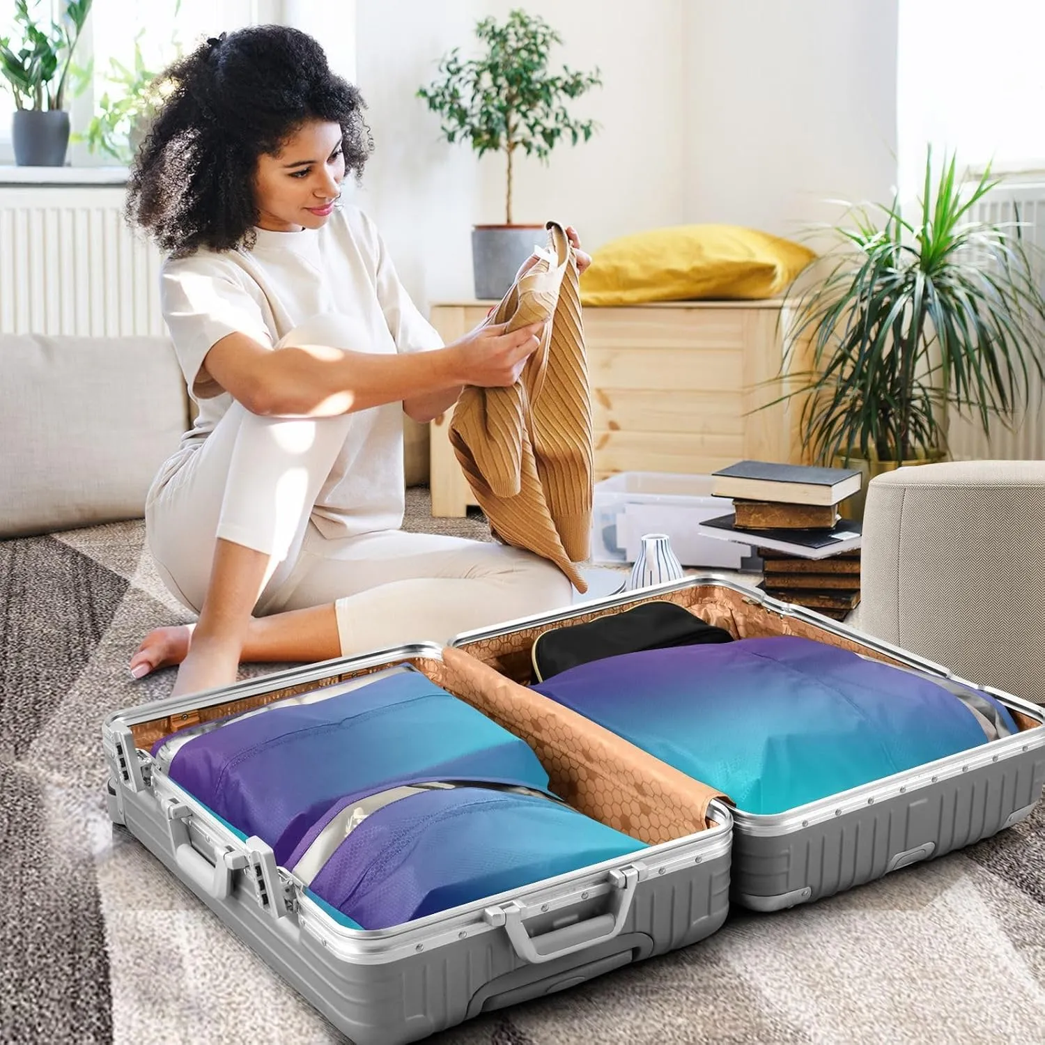 Abstract Blurred Teal Purple Blue 3 Set Travel Packing Cubes For Suitcases, Foldable, Garment Bag Closet Storage, Luggage Space Saver, Luggages Management Personnel