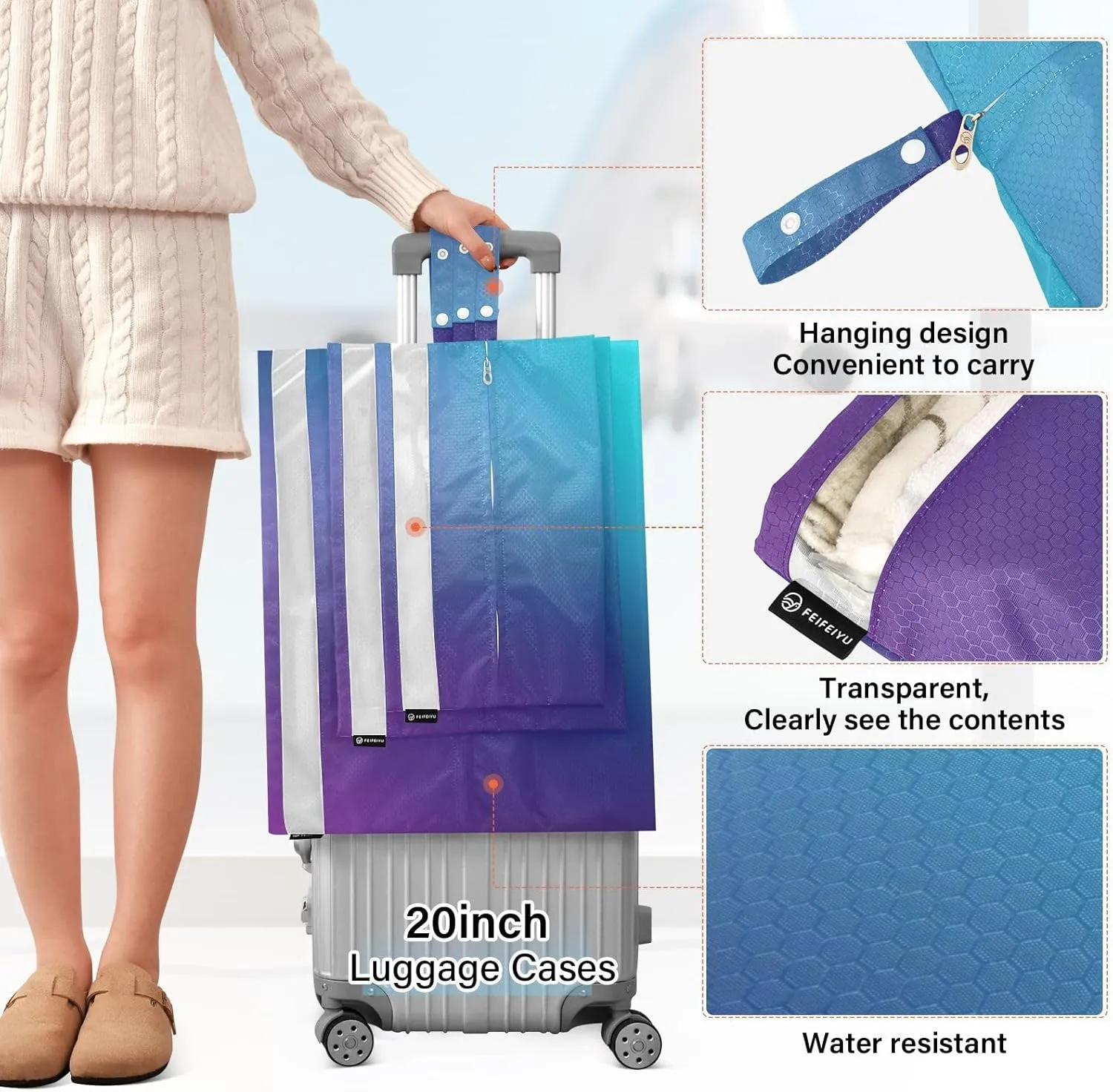 Abstract Blurred Teal Purple Blue 3 Set Travel Packing Cubes For Suitcases, Foldable, Garment Bag Closet Storage, Luggage Space Saver, Luggages Management Personnel
