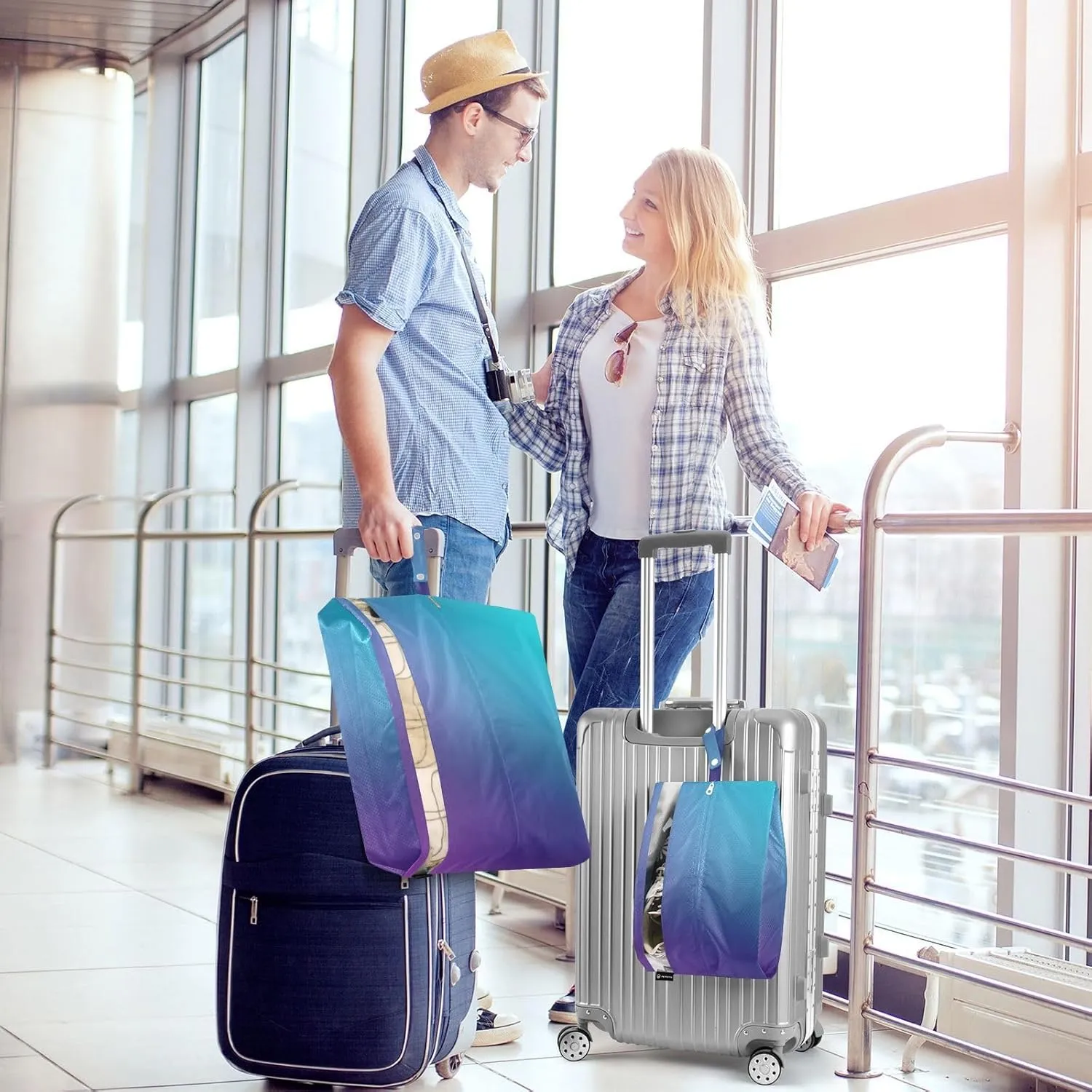 Abstract Blurred Teal Purple Blue 3 Set Travel Packing Cubes For Suitcases, Foldable, Garment Bag Closet Storage, Luggage Space Saver, Luggages Management Personnel