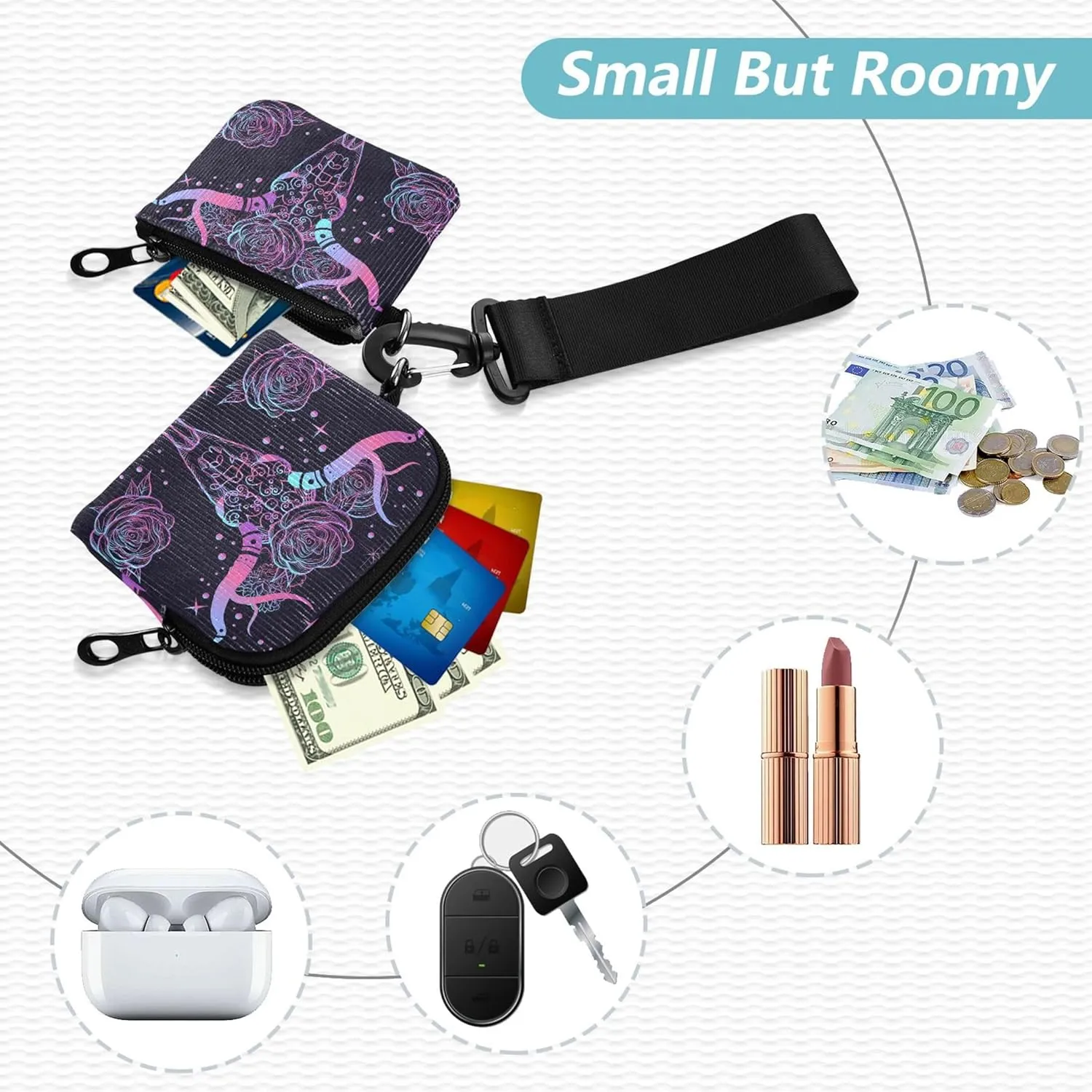 Abstract Tapestry with Bull's Skull Bohemian Women's Wallets Card Cases Small Detachable Card Wallet Money Organizer with Wristle Strap for Women Men 2 Pcs