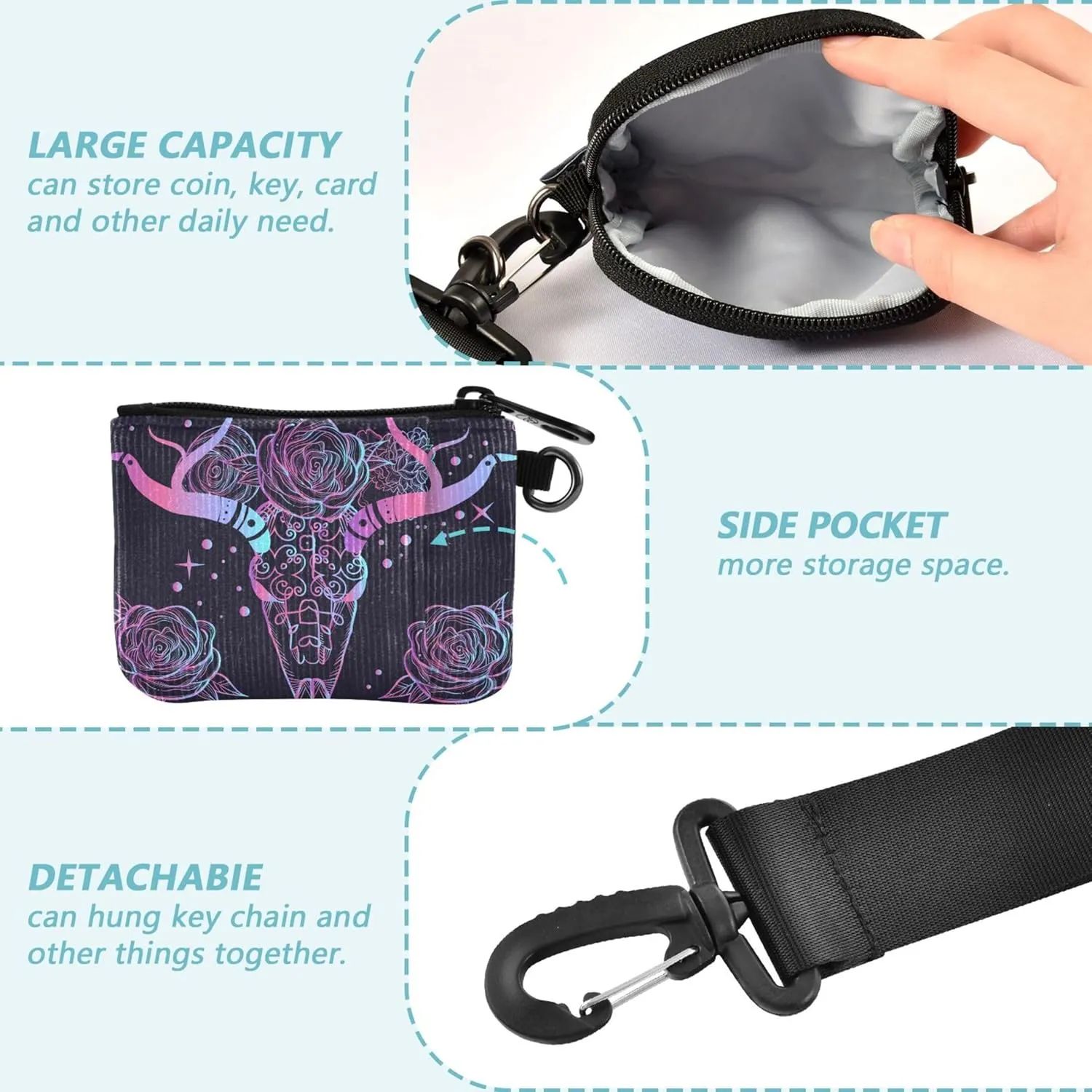 Abstract Tapestry with Bull's Skull Bohemian Women's Wallets Card Cases Small Detachable Card Wallet Money Organizer with Wristle Strap for Women Men 2 Pcs