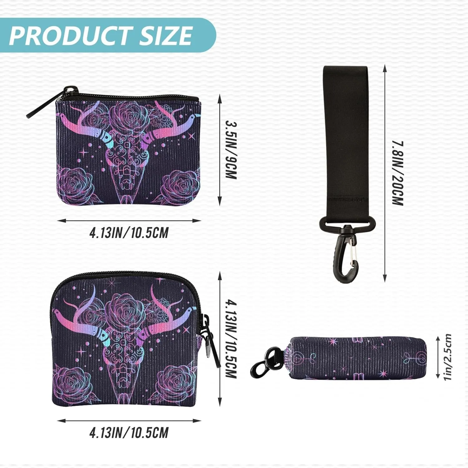 Abstract Tapestry with Bull's Skull Bohemian Women's Wallets Card Cases Small Detachable Card Wallet Money Organizer with Wristle Strap for Women Men 2 Pcs