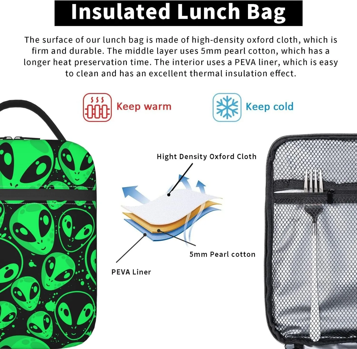 Alien Dress Green Aliens Face Insulated Lunch Box For Women Man, Portable Lunch Bag Reusable Cooler Tote For Office Work Travel Picnic Camping Beach