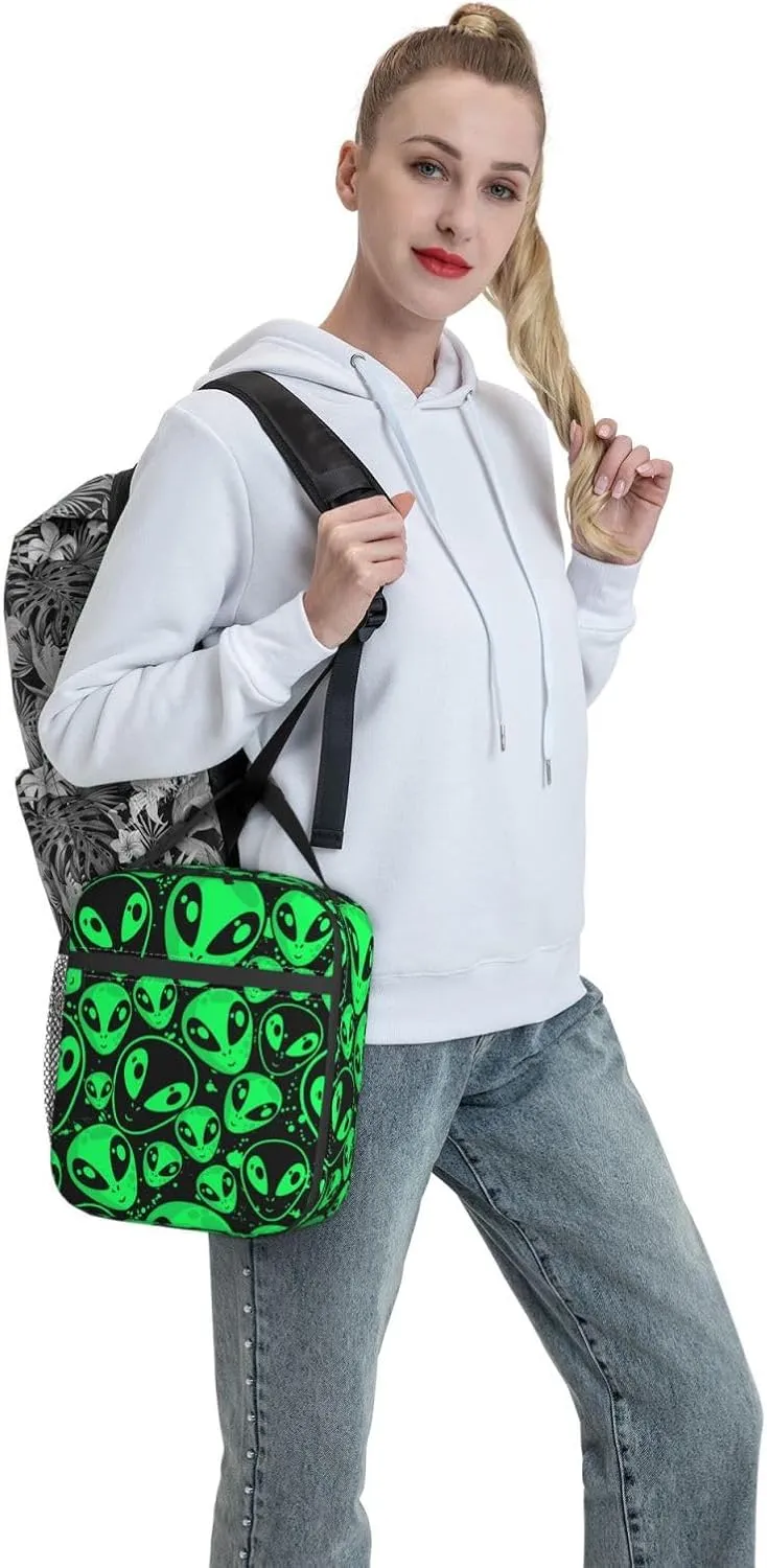 Alien Dress Green Aliens Face Insulated Lunch Box For Women Man, Portable Lunch Bag Reusable Cooler Tote For Office Work Travel Picnic Camping Beach