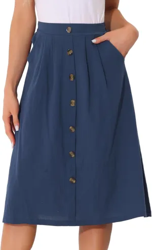 Allegra K Midi Skirts for Women Casual High Elastic Waist Button Pleated Linen A Line Skirts with Pockets