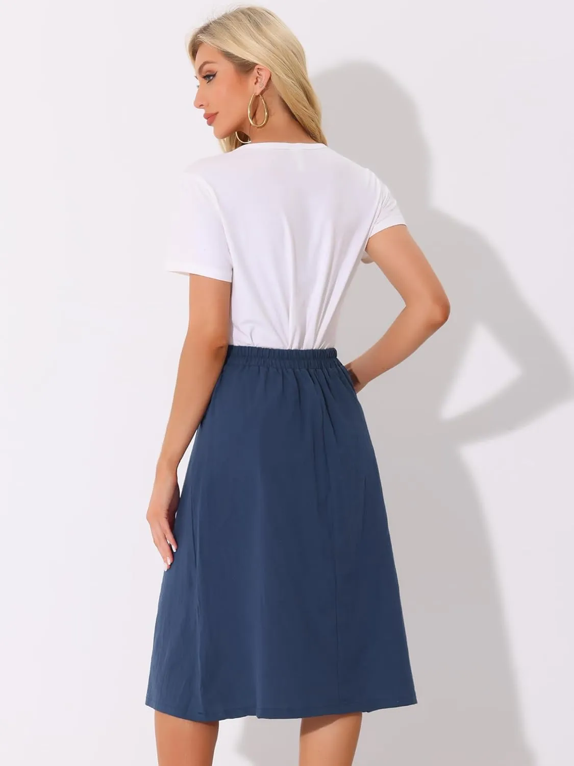 Allegra K Midi Skirts for Women Casual High Elastic Waist Button Pleated Linen A Line Skirts with Pockets