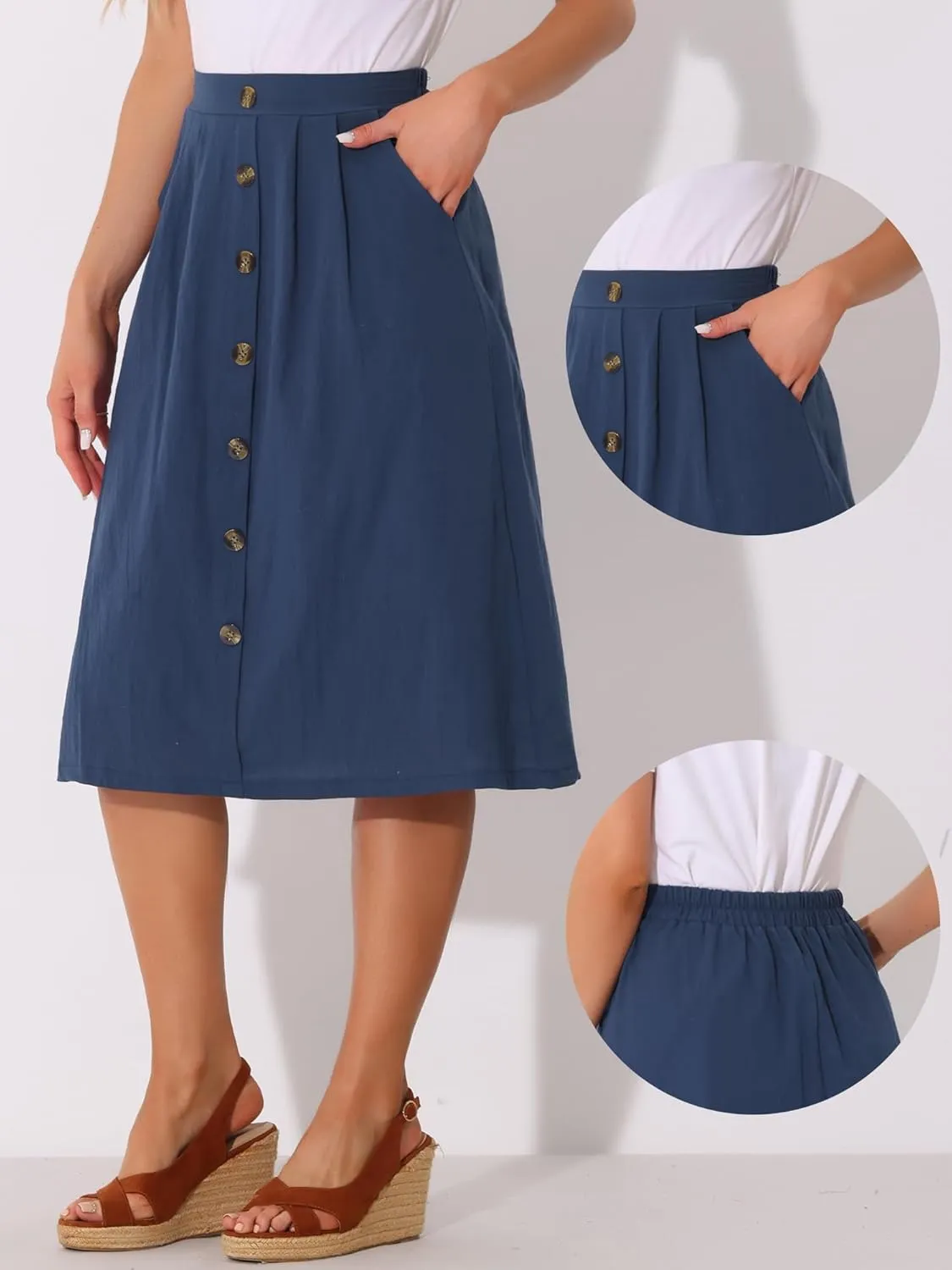 Allegra K Midi Skirts for Women Casual High Elastic Waist Button Pleated Linen A Line Skirts with Pockets