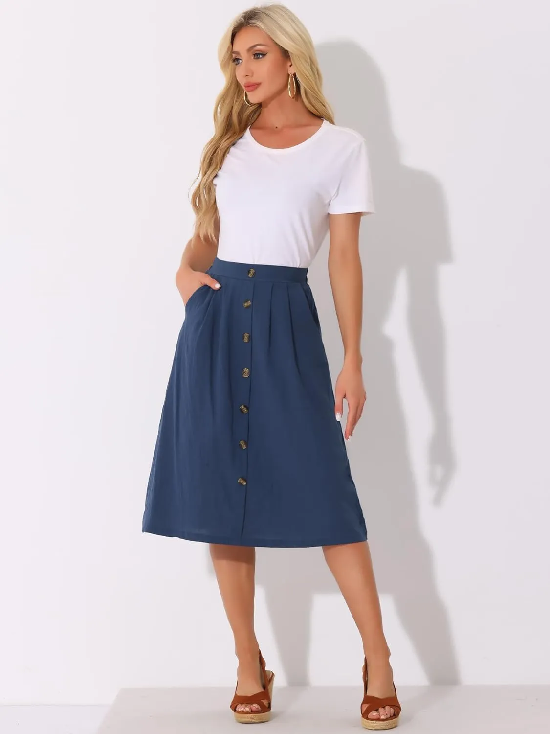 Allegra K Midi Skirts for Women Casual High Elastic Waist Button Pleated Linen A Line Skirts with Pockets