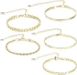 Ankle Bracelets for Women, 5Pcs 14k Gold Plated Waterproof Jewelry Layered Cuban Figaro Link Chain Herringbone Summer Beach Jewelry Gift Cute Anklets Set