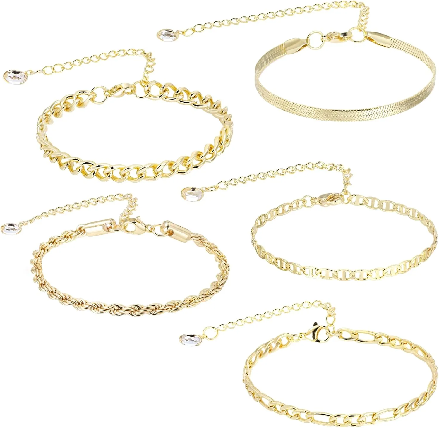 Ankle Bracelets for Women, 5Pcs 14k Gold Plated Waterproof Jewelry Layered Cuban Figaro Link Chain Herringbone Summer Beach Jewelry Gift Cute Anklets Set