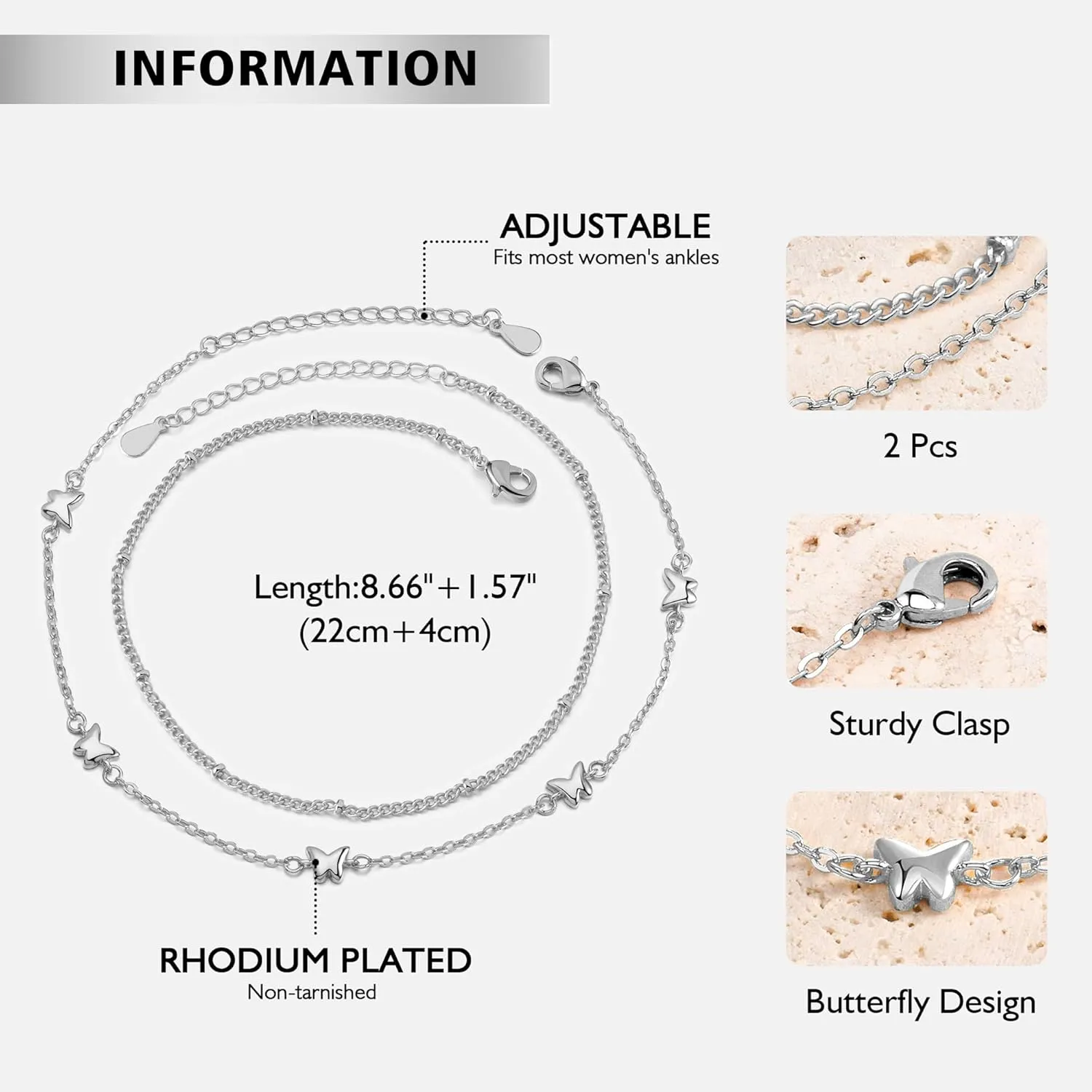 Anklets for Women 18K Gold Silver Plated Ankle Bracelets Waterproof Beaded Chain Dainty Layered Summer Beach Foot Jewelry Adjustable 2Pcs