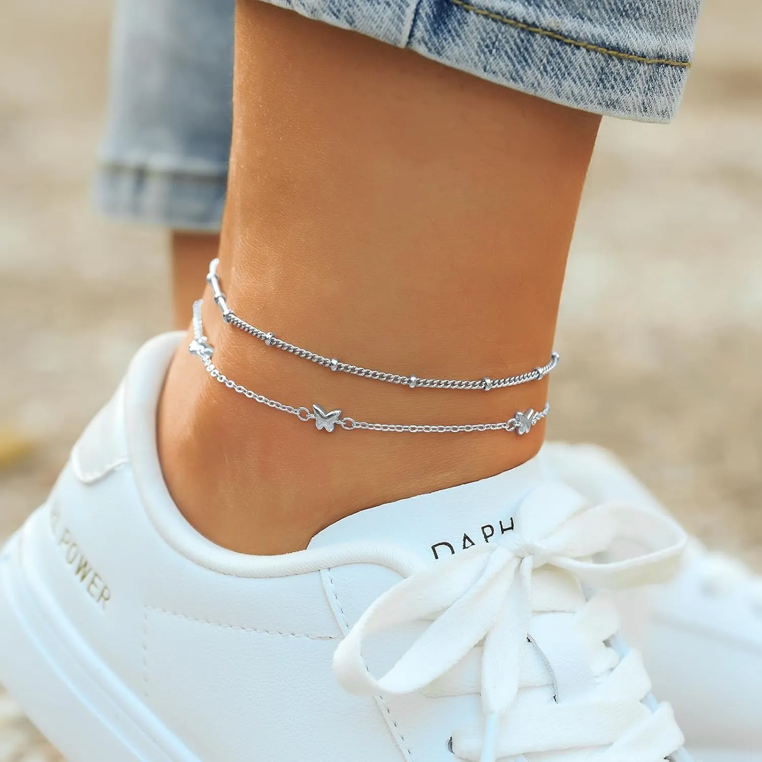 Anklets for Women 18K Gold Silver Plated Ankle Bracelets Waterproof Beaded Chain Dainty Layered Summer Beach Foot Jewelry Adjustable 2Pcs