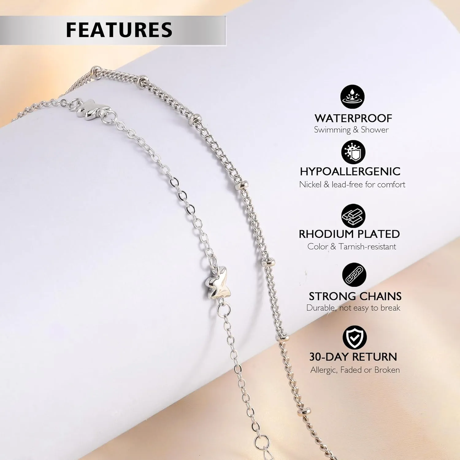 Anklets for Women 18K Gold Silver Plated Ankle Bracelets Waterproof Beaded Chain Dainty Layered Summer Beach Foot Jewelry Adjustable 2Pcs