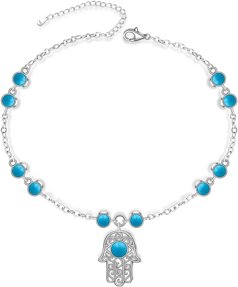 Anklets for Women S925 Sterling Silver Hand of Fatima Charm Dainty Evil Eye Hamsa Hand Anklet Adjustable Turquoise Jewelry Mothers Day Gifts for Mom