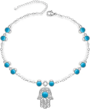 Anklets for Women S925 Sterling Silver Hand of Fatima Charm Dainty Evil Eye Hamsa Hand Anklet Adjustable Turquoise Jewelry Mothers Day Gifts for Mom