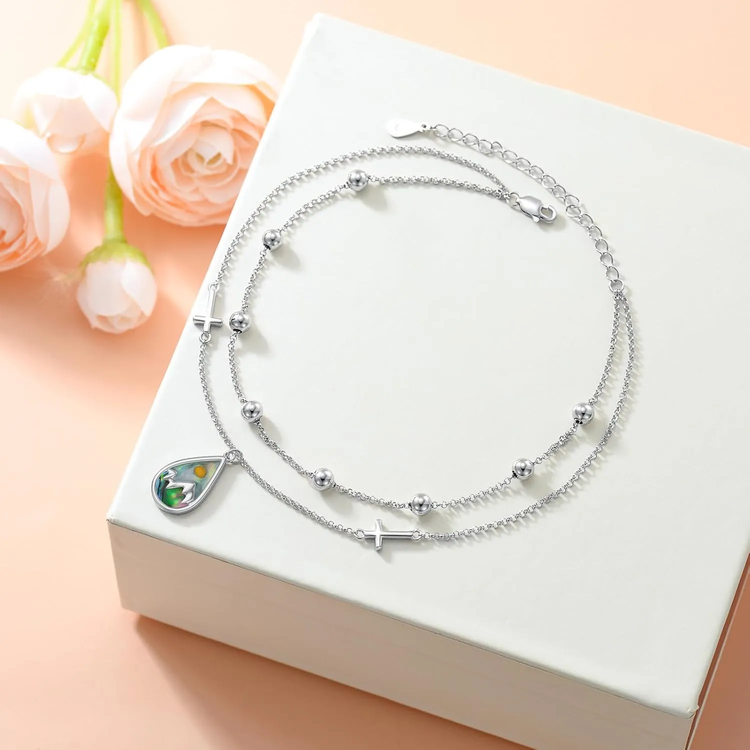 AOBOCO Mustard Seed Anklet for Women S925 Sterling Silver Adjustable Mountain Cross Anklet Faith Anklets Christian Jewelry Mothers Day Birthday Gifts for Mom