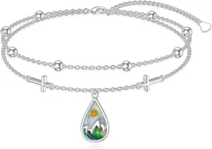 AOBOCO Mustard Seed Anklet for Women S925 Sterling Silver Adjustable Mountain Cross Anklet Faith Anklets Christian Jewelry Mothers Day Birthday Gifts for Mom