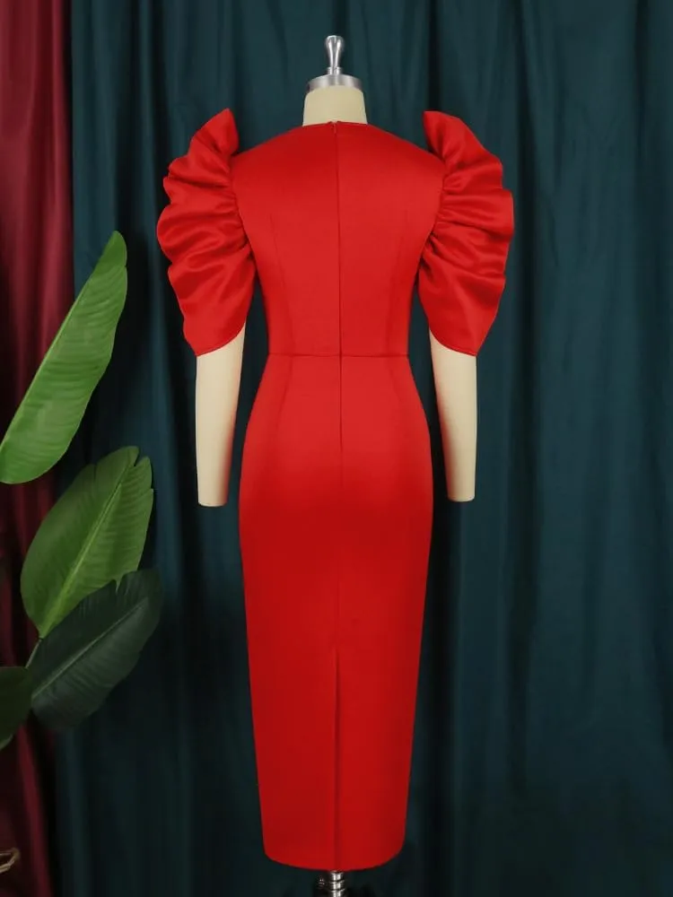 AOMEI V Neck Half Sleeve Business Bodycon Midi Dress Cut Out Shoulder 4XL 3XL 2XL Plus Size Woman Clothes for Office Ladies