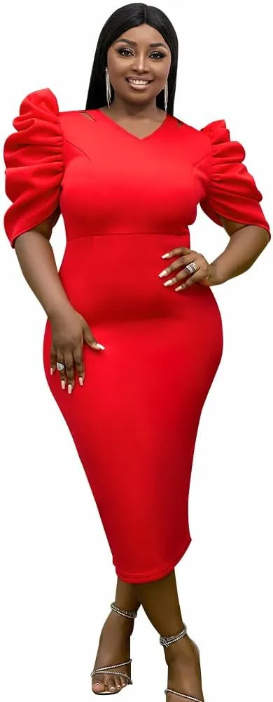 AOMEI V Neck Half Sleeve Business Bodycon Midi Dress Cut Out Shoulder 4XL 3XL 2XL Plus Size Woman Clothes for Office Ladies