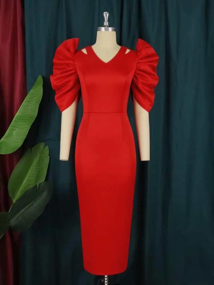 AOMEI V Neck Half Sleeve Business Bodycon Midi Dress Cut Out Shoulder 4XL 3XL 2XL Plus Size Woman Clothes for Office Ladies