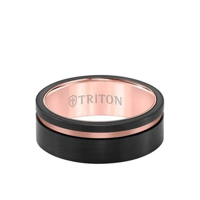 ARIA  Black and Rose Tungsten Flat Satin Finish Ring with Single Polished Offset Groove by Triton Rings 8mm