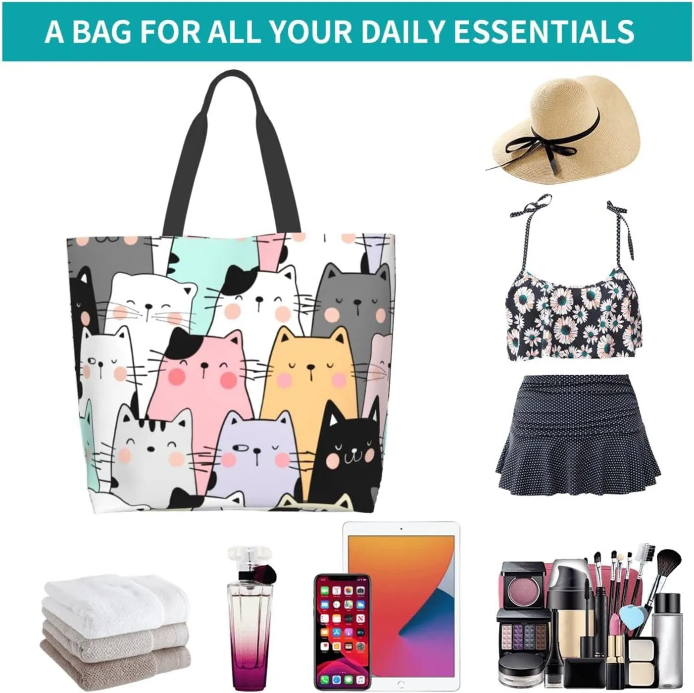 ASYG Cat Tote - Cute Large Shoulder Bag, Casual Reusable Handbag for Women, Shopping & Grocery Work Bag