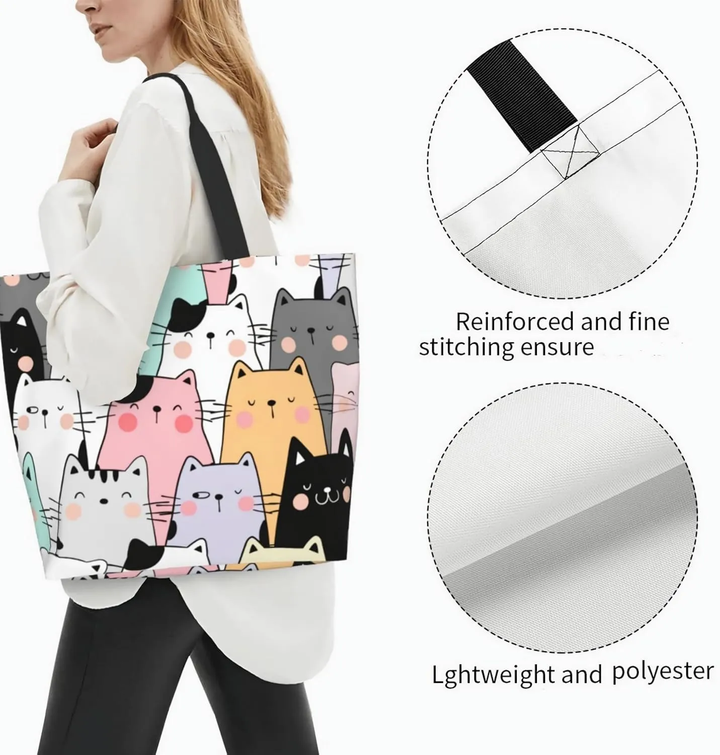 ASYG Cat Tote - Cute Large Shoulder Bag, Casual Reusable Handbag for Women, Shopping & Grocery Work Bag