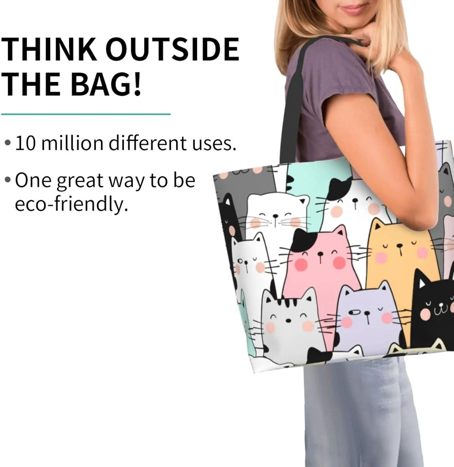 ASYG Cat Tote - Cute Large Shoulder Bag, Casual Reusable Handbag for Women, Shopping & Grocery Work Bag
