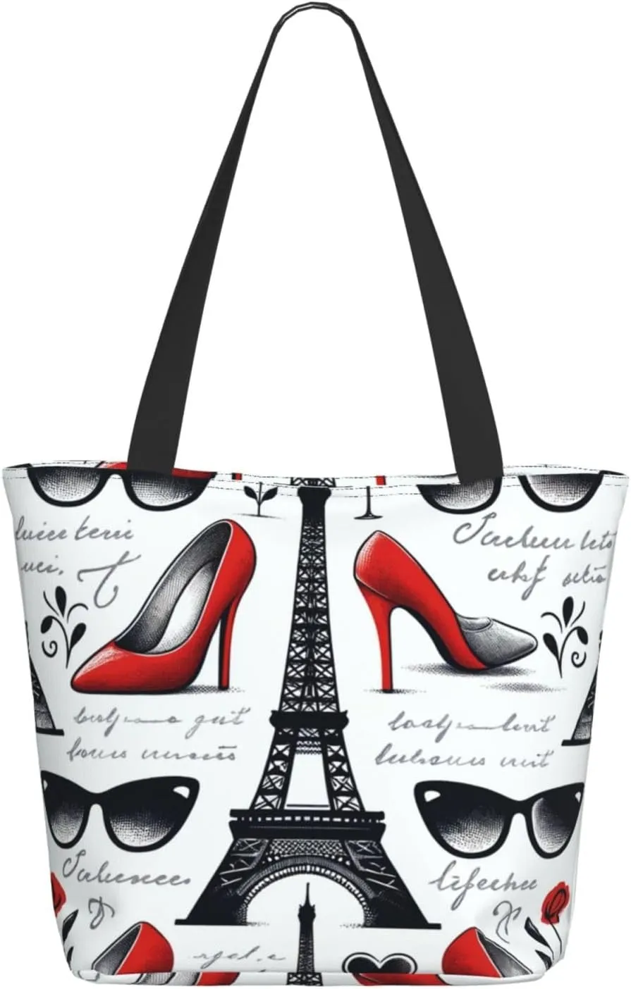 Augenstern Women Shoulder Bag Eiffel-Tower-High-Heels-Paris Foldable Tote Bag With Zipper Closure Casual Shopping Purse Daily Bag