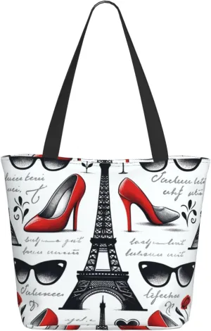 Augenstern Women Shoulder Bag Eiffel-Tower-High-Heels-Paris Foldable Tote Bag With Zipper Closure Casual Shopping Purse Daily Bag