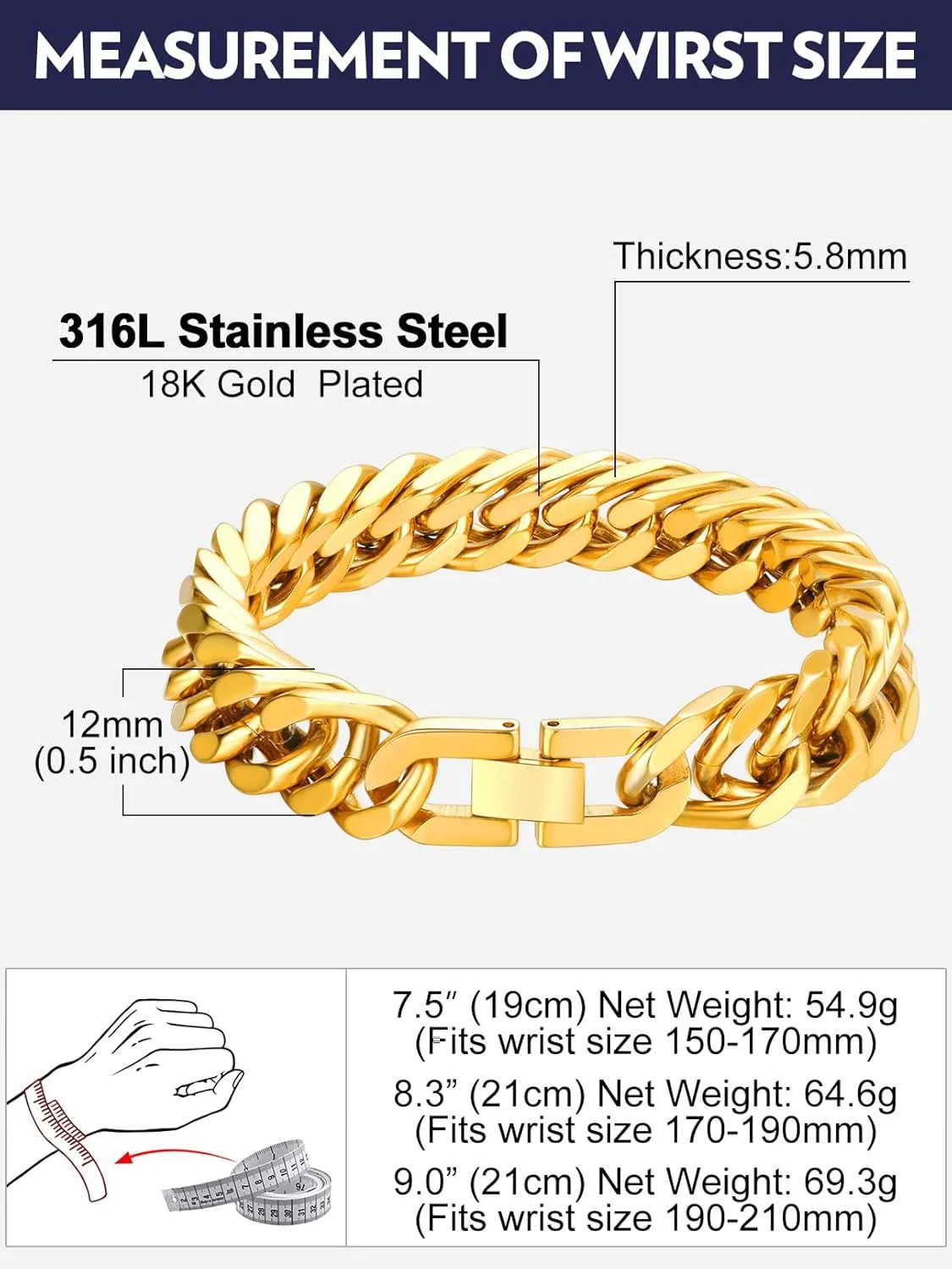 Bandmax Cuban Link Chain Bracelet for Men Women, Silver/Gold/Black Hip Hop Punk Biker Hand Chain Bracelets 7"-9" Mens Chunky Chain Jewelry