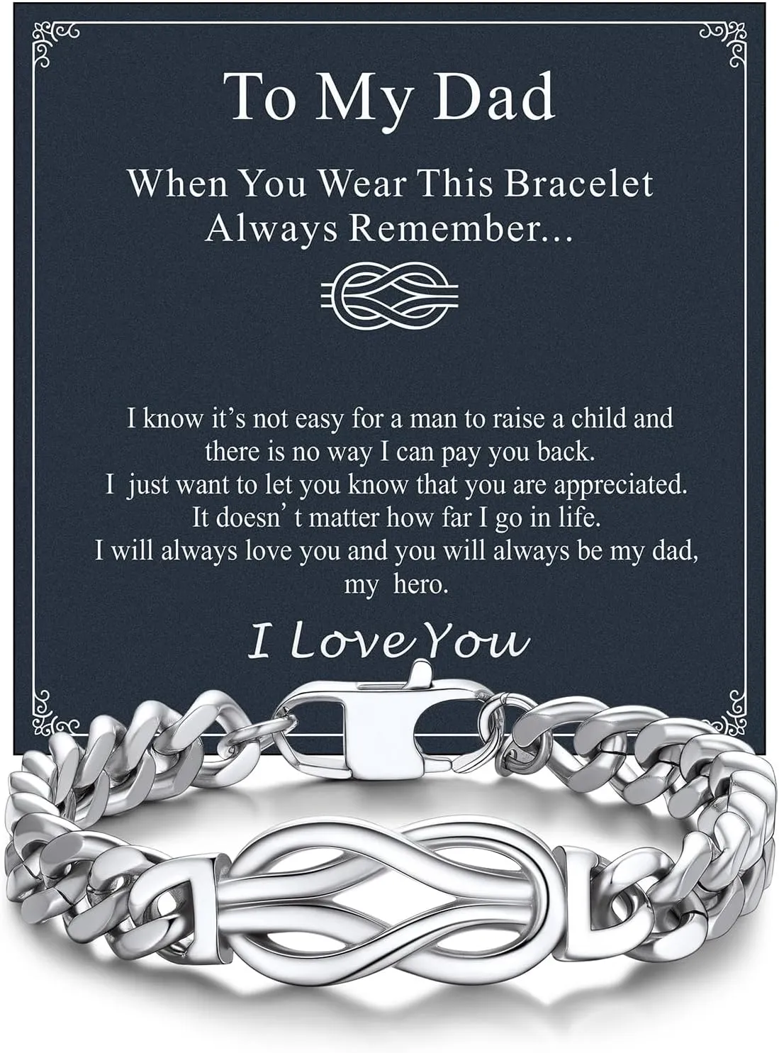 Bandmax Inifinity Love Knot Cuban Link Chain Bracelets for Men Stainless Steel/Black Mens Bracelet with Love Message Card Gift for Son Grandson Husband Father