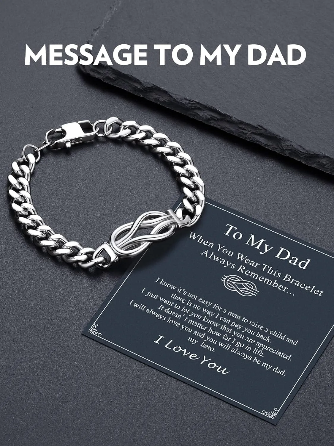 Bandmax Inifinity Love Knot Cuban Link Chain Bracelets for Men Stainless Steel/Black Mens Bracelet with Love Message Card Gift for Son Grandson Husband Father