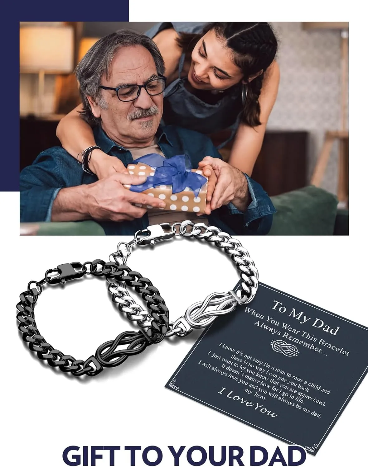 Bandmax Inifinity Love Knot Cuban Link Chain Bracelets for Men Stainless Steel/Black Mens Bracelet with Love Message Card Gift for Son Grandson Husband Father