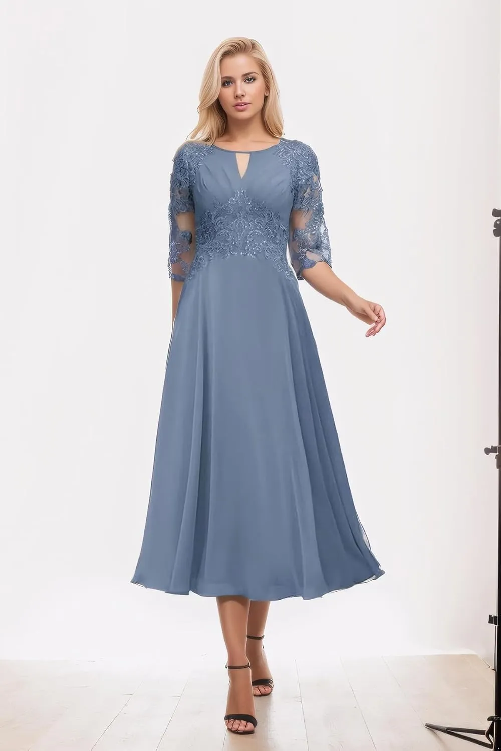 BANTRATIC Tea Length Mother of The Bride Dresses for Wedding Chiffon Lace Applique Long Sleeve Formal Evening Gowns