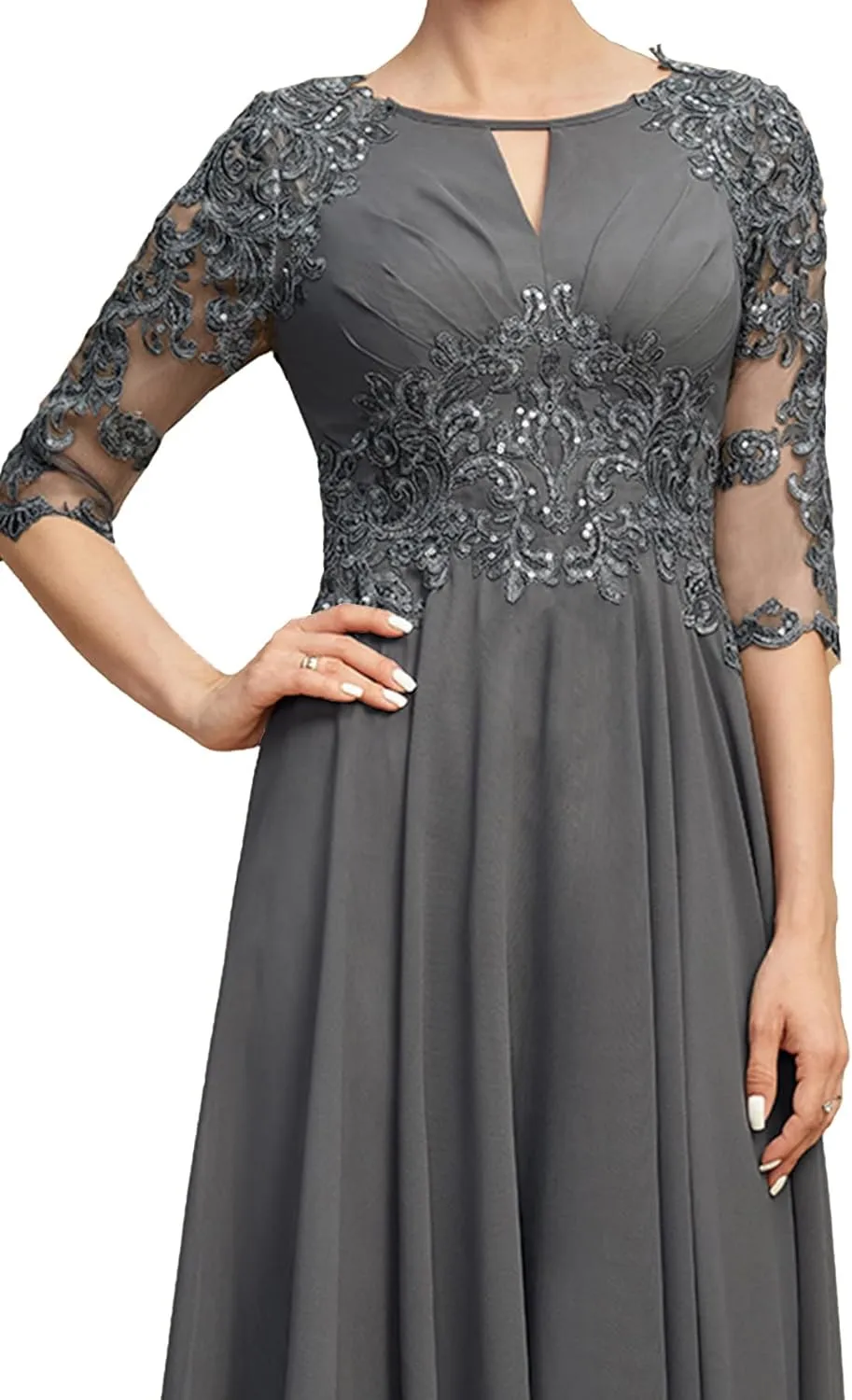 BANTRATIC Tea Length Mother of The Bride Dresses for Wedding Chiffon Lace Applique Long Sleeve Formal Evening Gowns